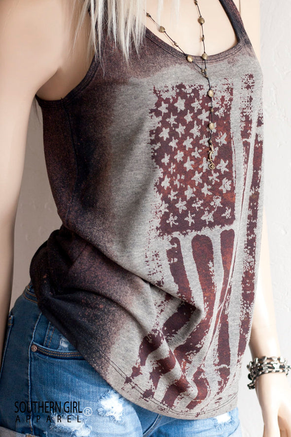 Acid Washed American Flag Brown and Black toned Racerback Tank Top - Southern Girl Apparel® - southerngirlapparel.com
