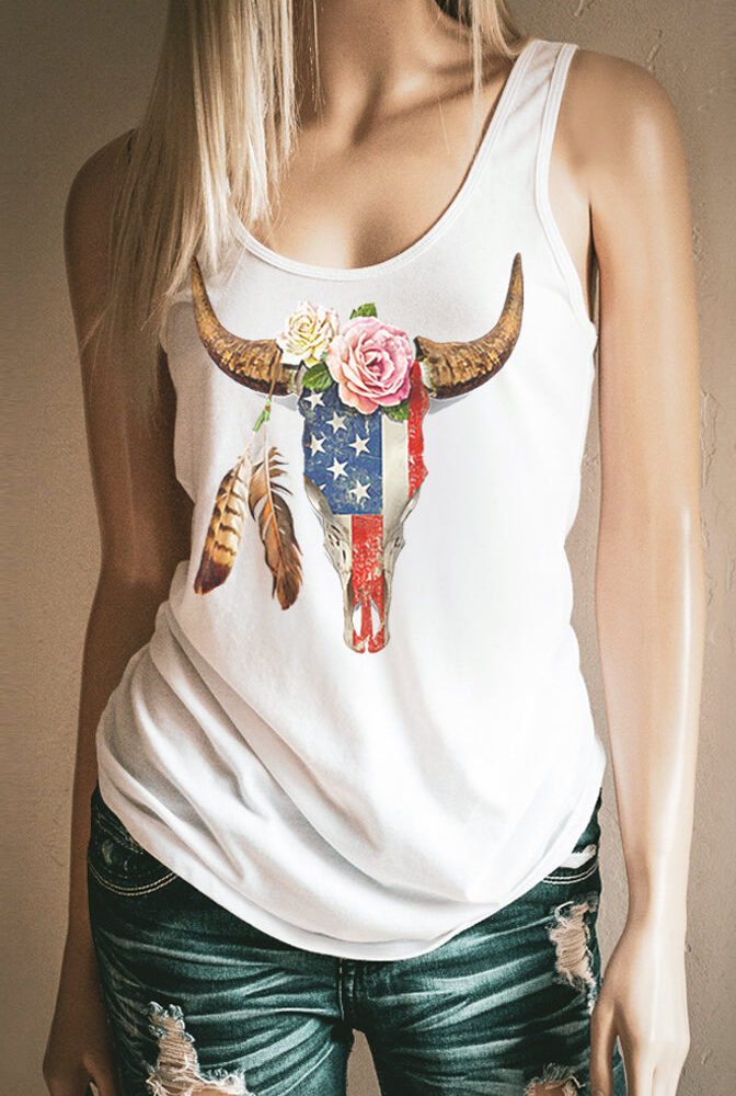 WHITE AMERICAN FLAG AND BULL SKULL WESTERN RACERBACK TANK TOP