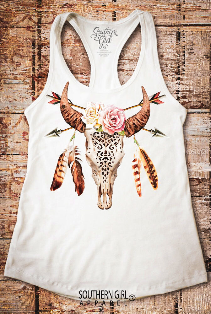 Skull and Roses Watercolor Racerback Tank Top - Southern Girl 