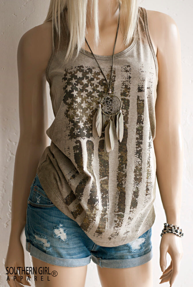 Acid Washed American Flag Military Green toned Racerback Tank Top - Southern Girl