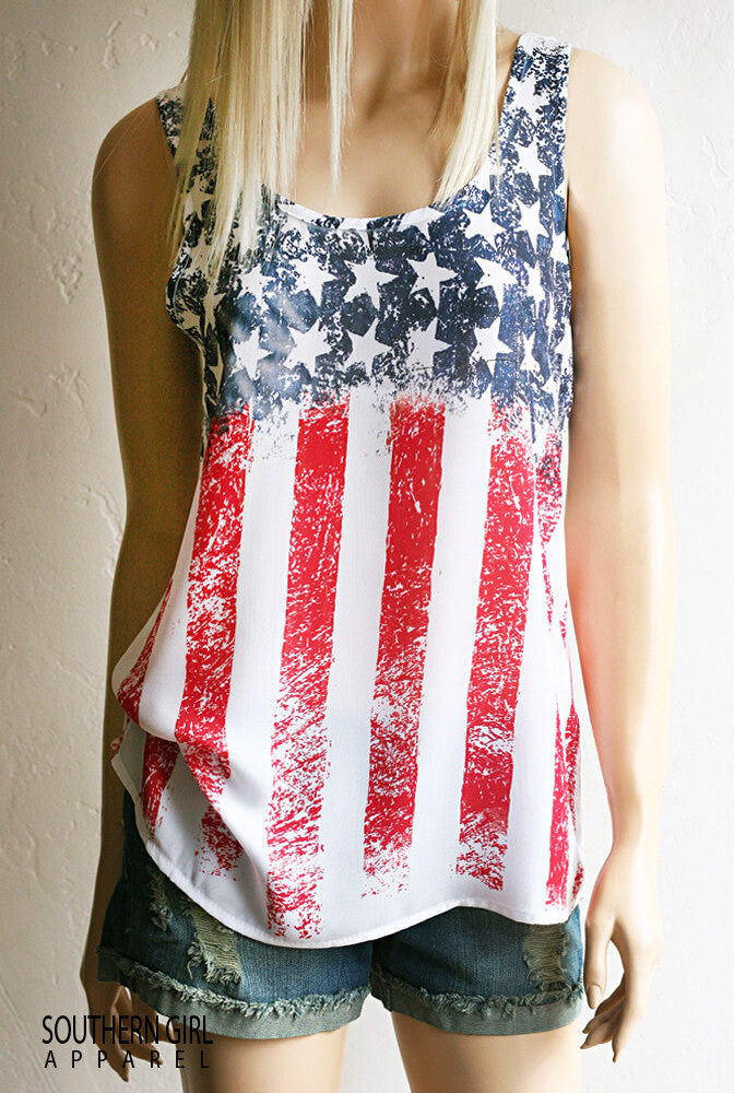 American Flag Red White & Blue Stars and Stripes Scoop Neck Standard Tank Top - Southern Girl