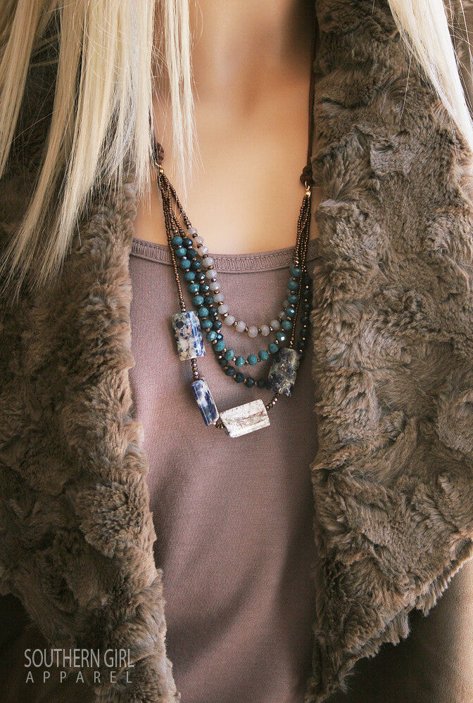 Multi Length Blue Tone Beaded Fashion Necklace - Southern Girl 