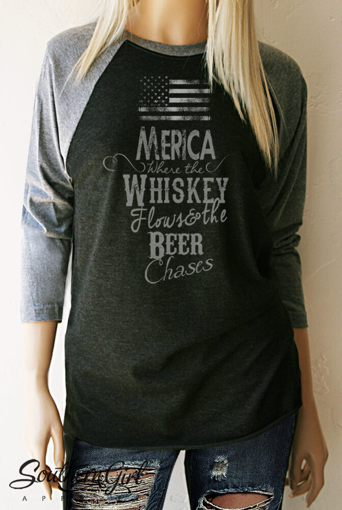Merica Where the Whiskey Flows and the Beer Chases Baseball Tee - Southern Girl