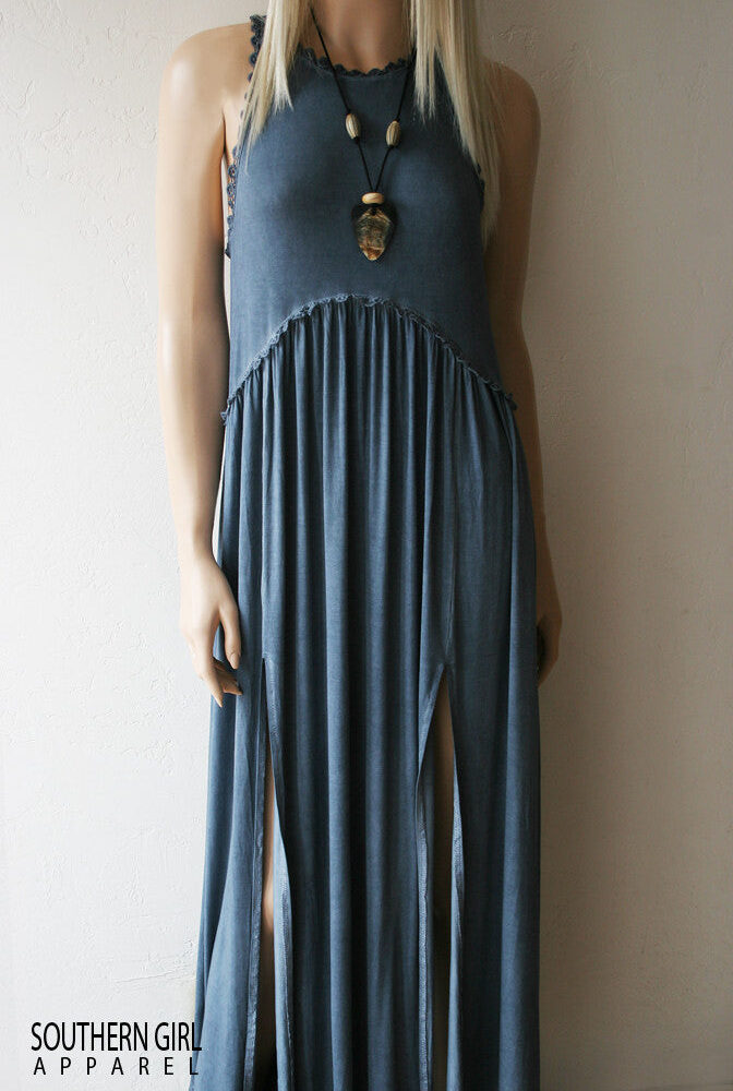 Women's Blue Babydoll Sleeveless Maxi Dress - Southern Girl 