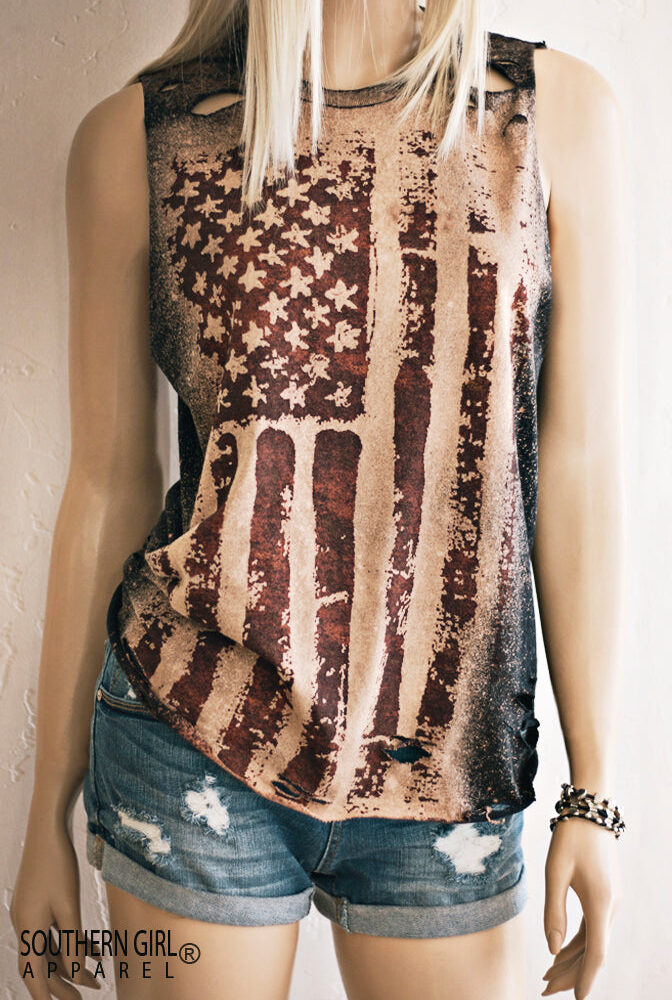 Acid Washed Distressed American Flag Muscle Tank Top - Southern Girl