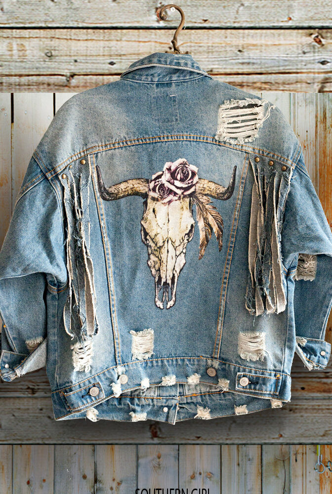 Women's Fringed, Distressed & Shredded Bull Head Skull Denim Jacket - Southern Girl
