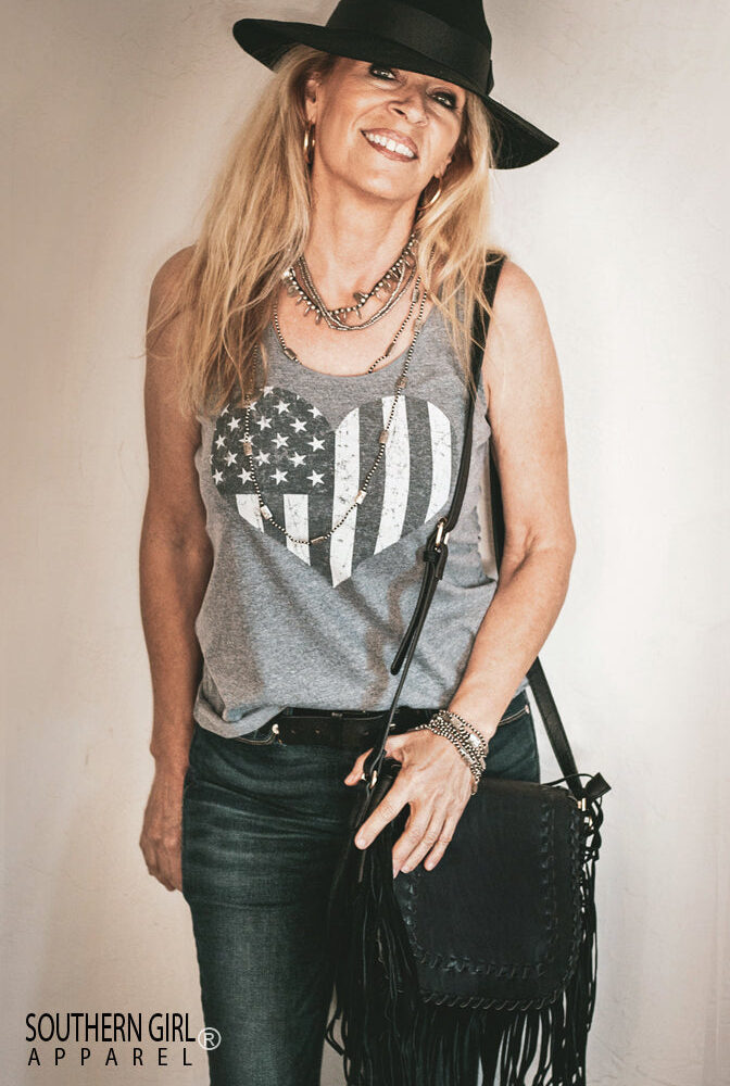 American Flag Heart Grey Racerback Tank Top - Southern Girl