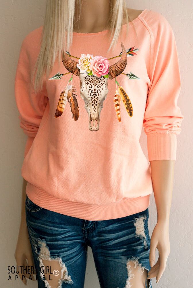 Boho Bull Skull Roses Lightweight Sweatshirt in soft ice cream sherbert orange - Limited Edition - Southern Girl 