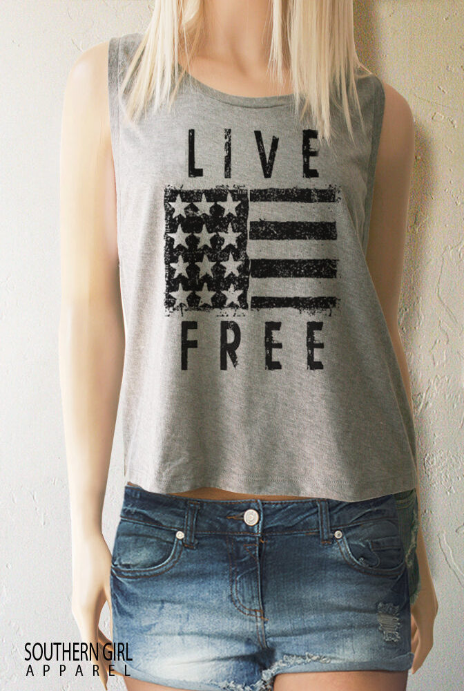 Live Free American Flag Cropped Muscle Tank Top - Southern Girl Apparel® - southerngirlapparel.com
