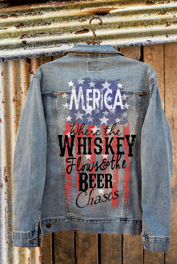 Merica Where the Whiskey Flows and the Beer Chases Denim Jacket back - Unisex Sizing - Southern Girl Apparel® - southerngirlapparel.com