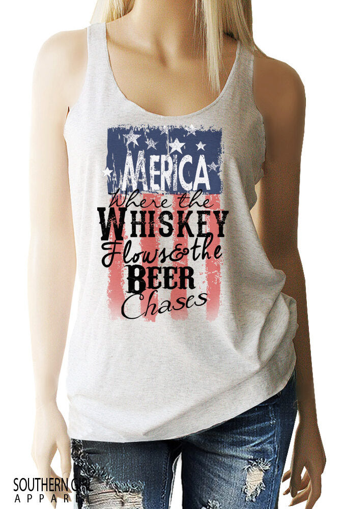Merica Where the Whiskey Flows and the Beer Chases Racerback Tank Top Tanks - SouthernGirlApparel.com