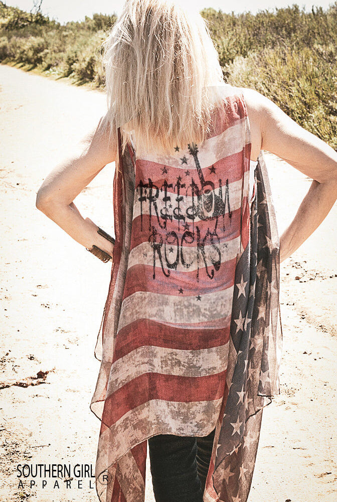 "FREEDOM ROCKS" American Flag Kimono Vest - Southern Girl 