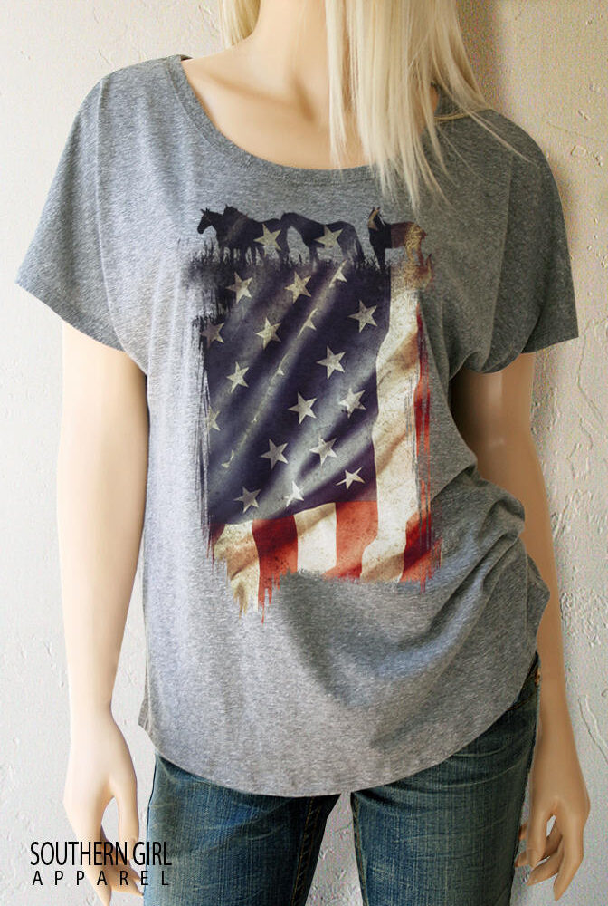 Women's American Flag with Horses Dolman Sleeve Tri-Blend Top - Southern Girl