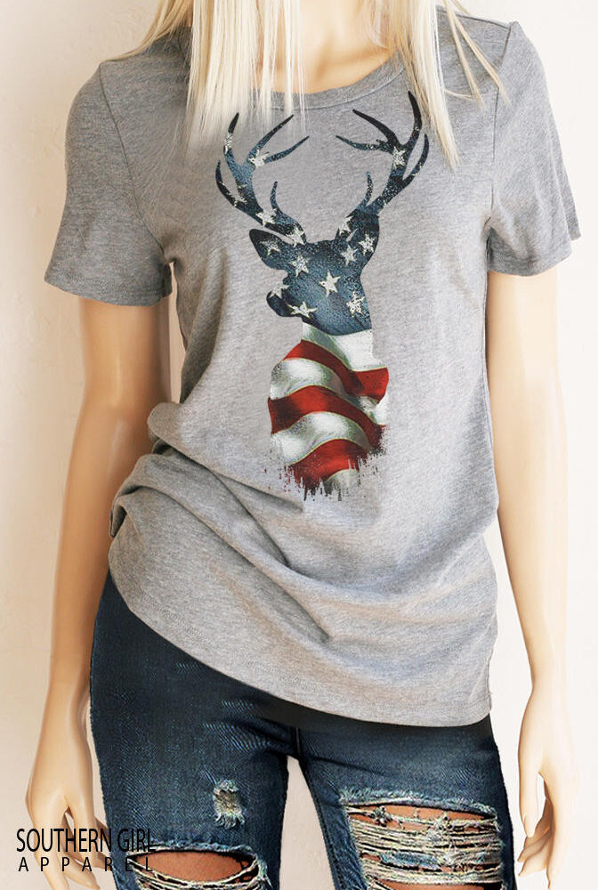 Women's American Flag Deer Head Crew Neck T-Shirt - Southern Girl