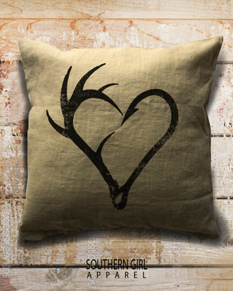 Antler and Fish Hook Heart Pillow Cover. Fishing. Hunting. Throw Pillow Cover.Decorative Pillows. Hunting Gifts. Fishing Gifts. Cabin Decor - Southern Girl