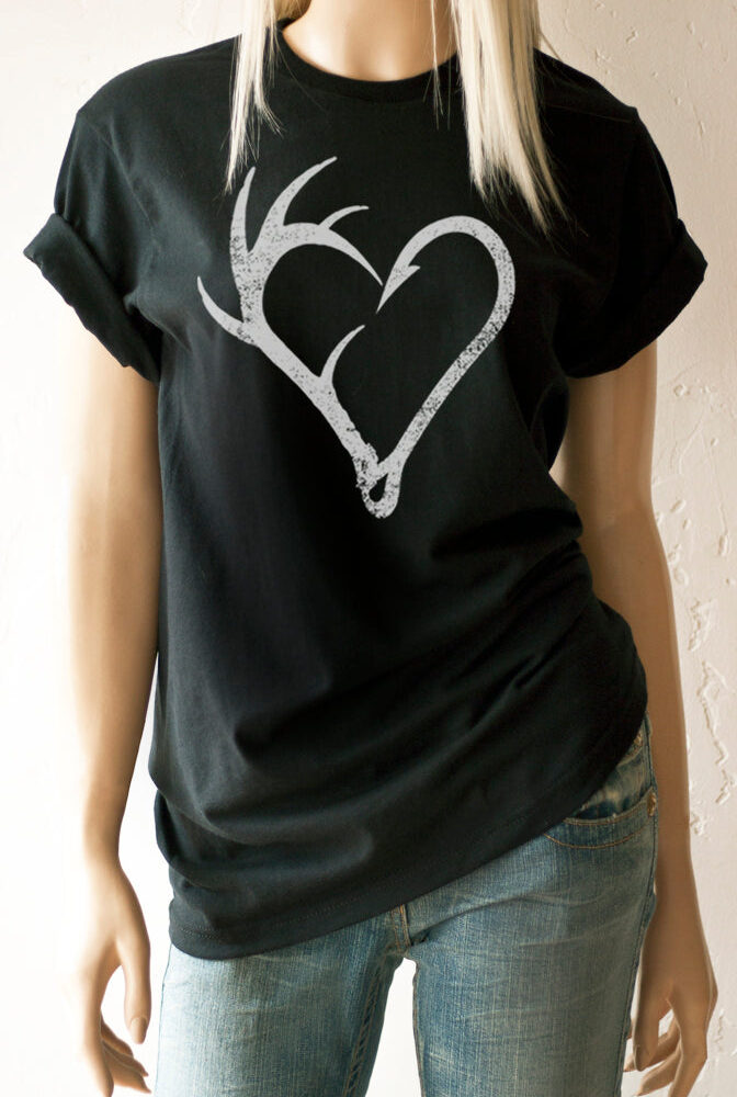 White Antler Fish Hook on black T-Shirt