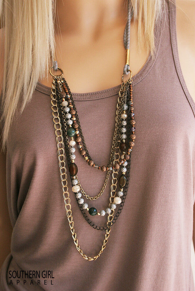 Multi Length Bead and Chain Fashion Boho Necklace