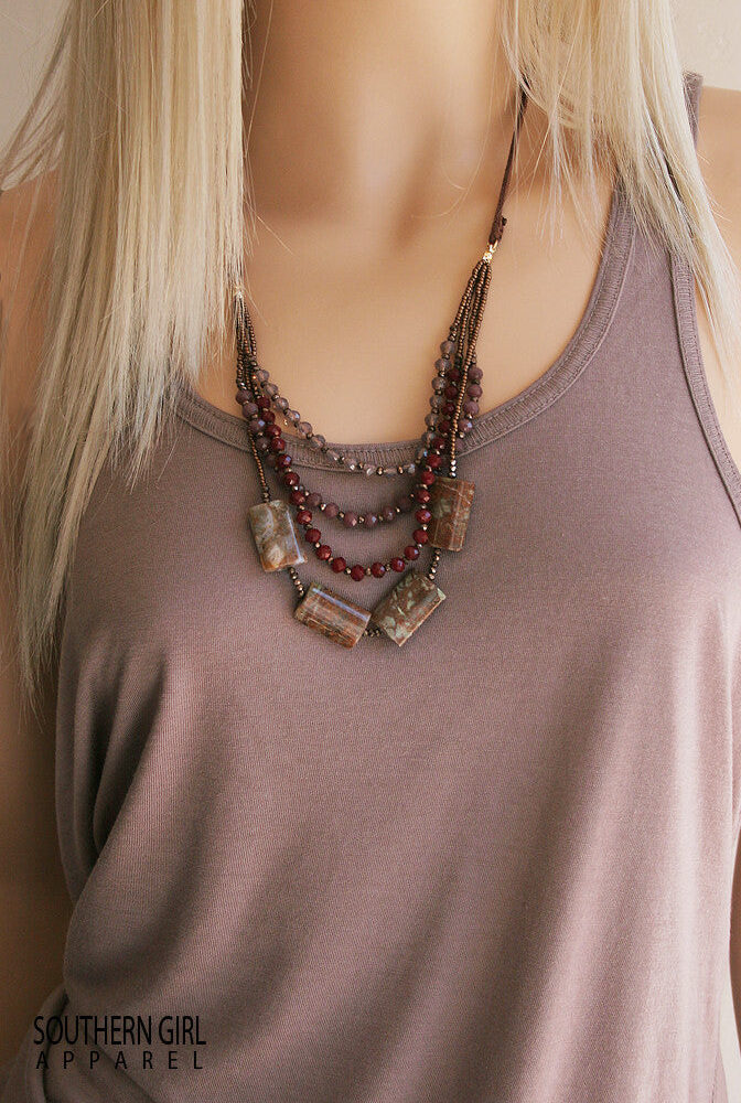 Multi Length Brown and Maroon Tone Beaded Fashion Necklace