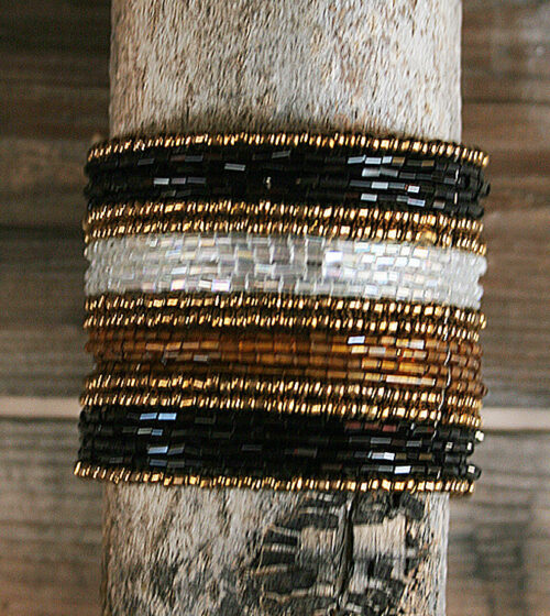 Black, White and Gold tone Wide Beaded Wire Multi Layer Bracelet