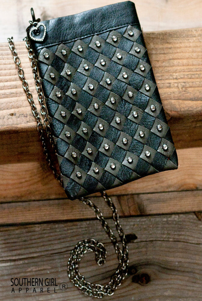 Black Leatherette Mini Crossbody Bag with Rhinestone Embellishments with Chain Strap