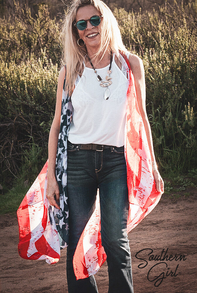 American Flag Red White and Blue semi sheer Kimono Vest