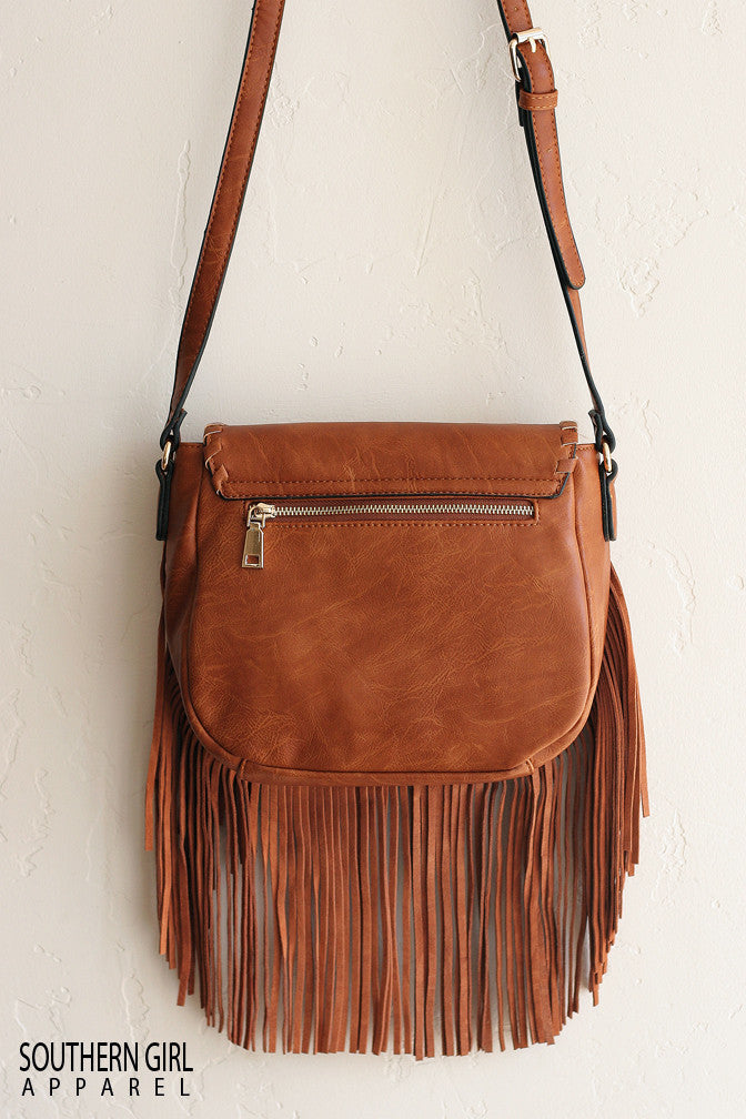 Brown Faux Leather Crossbody Purse with Fringe - Image 2