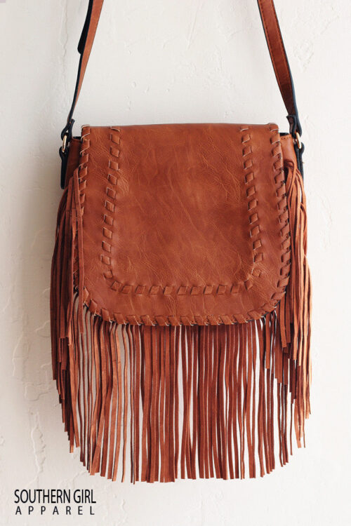 Brown Faux Leather Crossbody Purse with Fringe