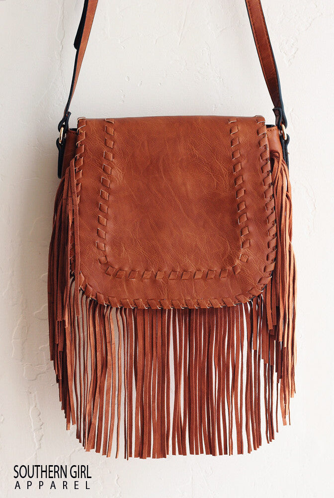 Brown Faux Leather Crossbody Purse with Fringe