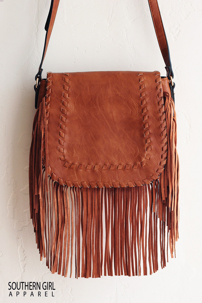 Brown Faux Leather Crossbody Purse with Fringe