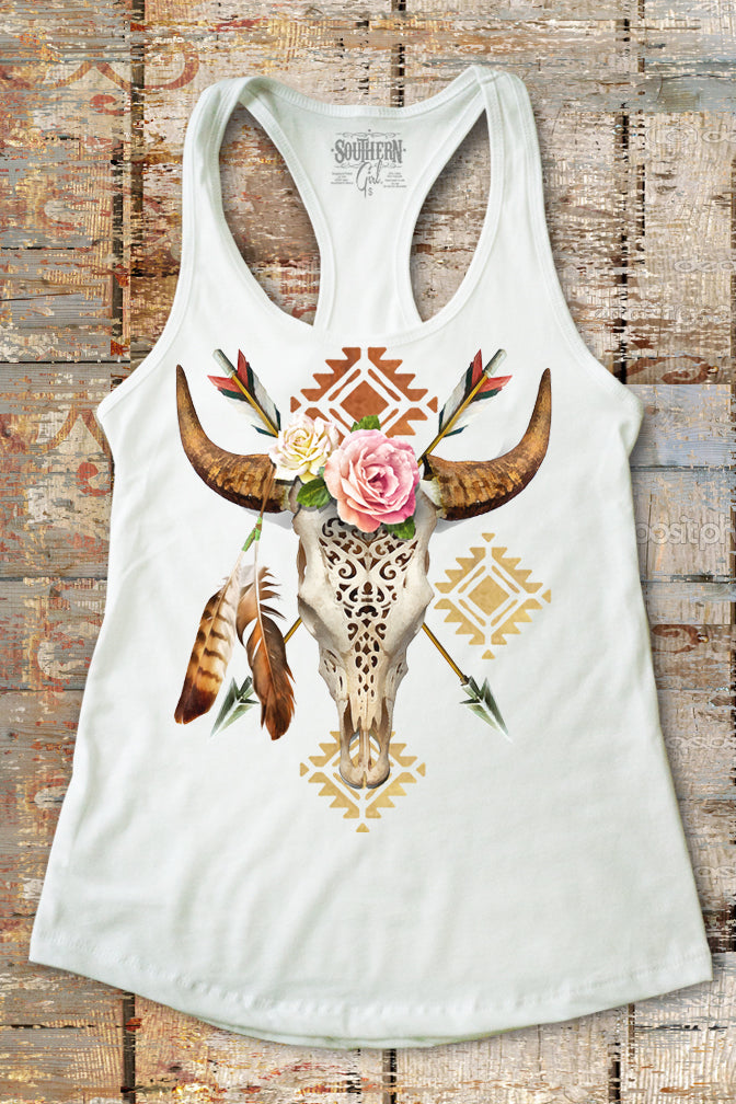 Boho Bull Skull & Roses Racerback Tank Top - Image 2