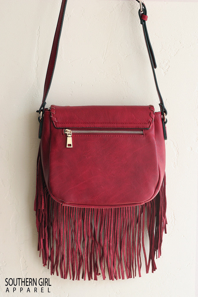 Burgundy Faux Leather Crossbody Purse with Fringe - Image 2