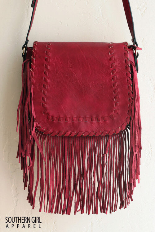 Burgundy Faux Leather Crossbody Purse with Fringe