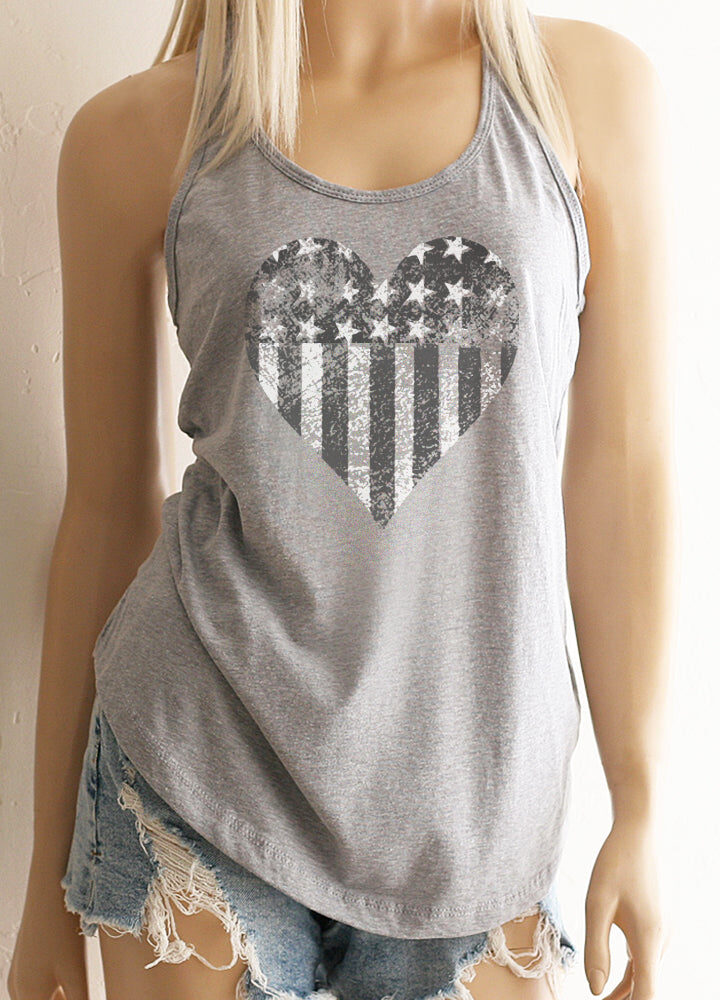 American Flag Heart Grey Racerback Tank Top