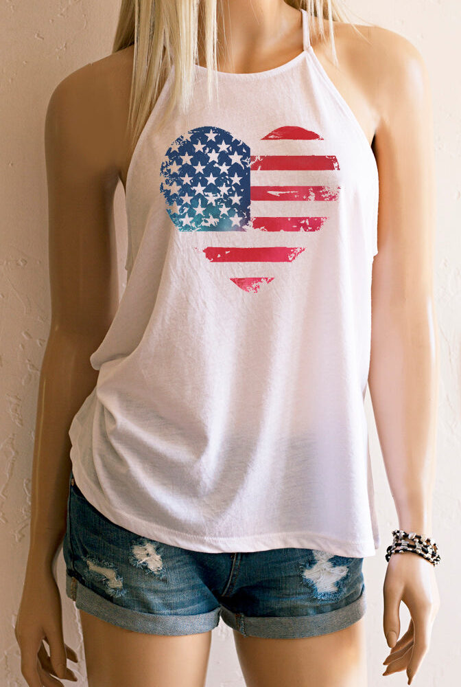 Heart American Flag High Neck Spaghetti Strap Loose Fitting Tank Top