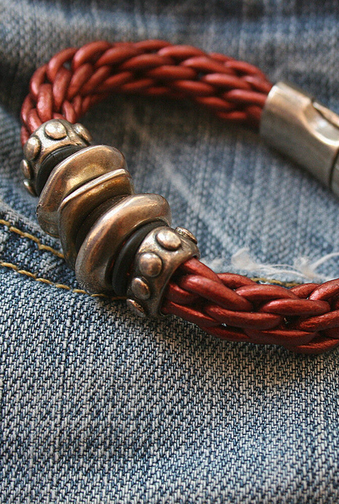 Metal Bead and Leather Bracelet