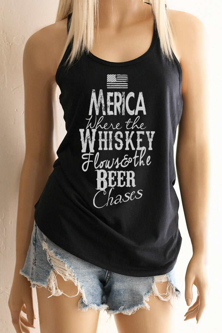 Merica Where the the Whiskey Flows Racerback Tank Top