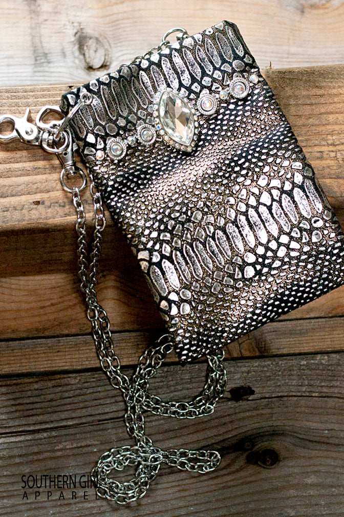 Metallic Silver and Black Faux Leather Mini Crossbody Bag with Rhinestones and Chain Strap - Image 2