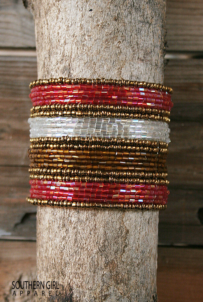Reddish White Brass and Gold colored Wide Beaded Flex Bracelet