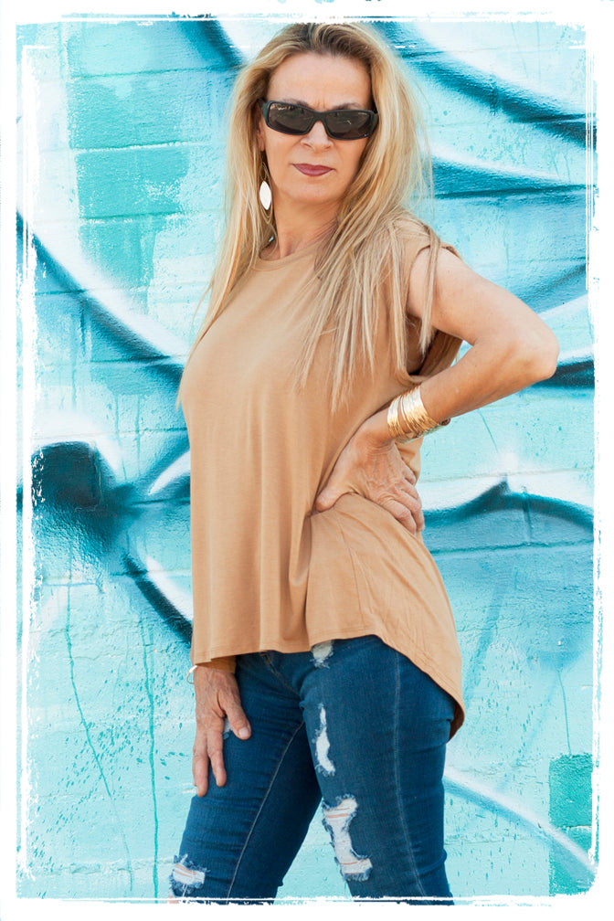 Women's Medium Brown Cap Short Sleeve Top - Image 2