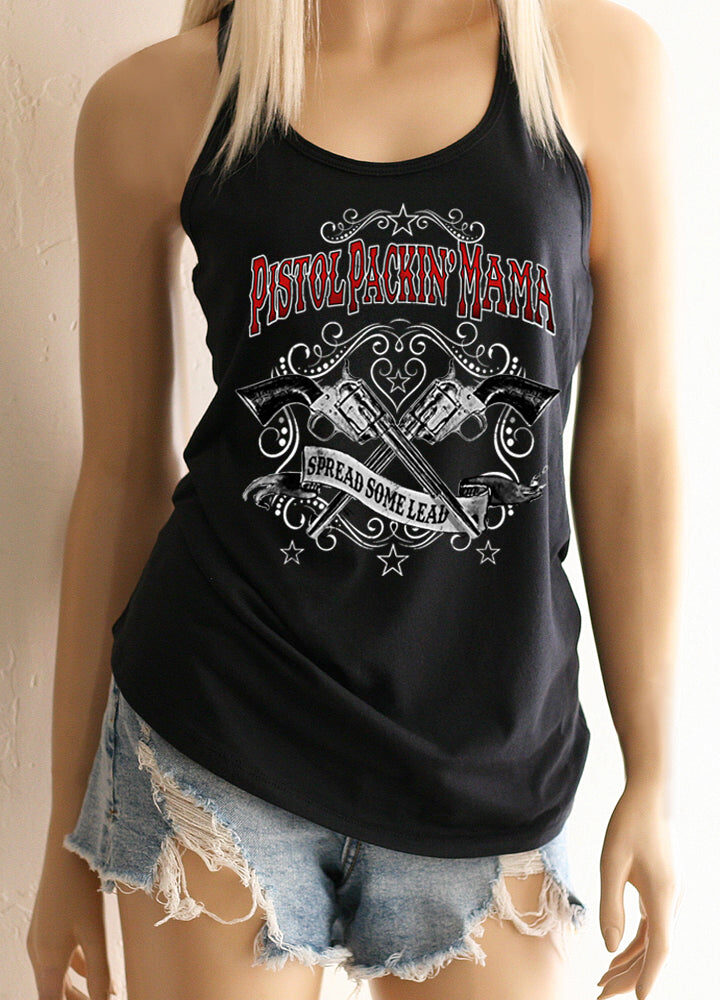 "PISTOL PACKIN' MAMA" Black Racerback Tank Top