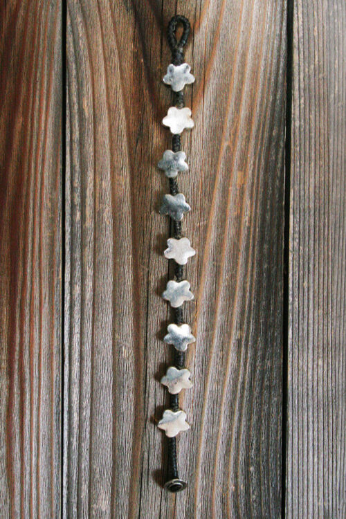 Waxed Linen Cord and Flower Shaped Metal Alloy Single Strand Bracelet