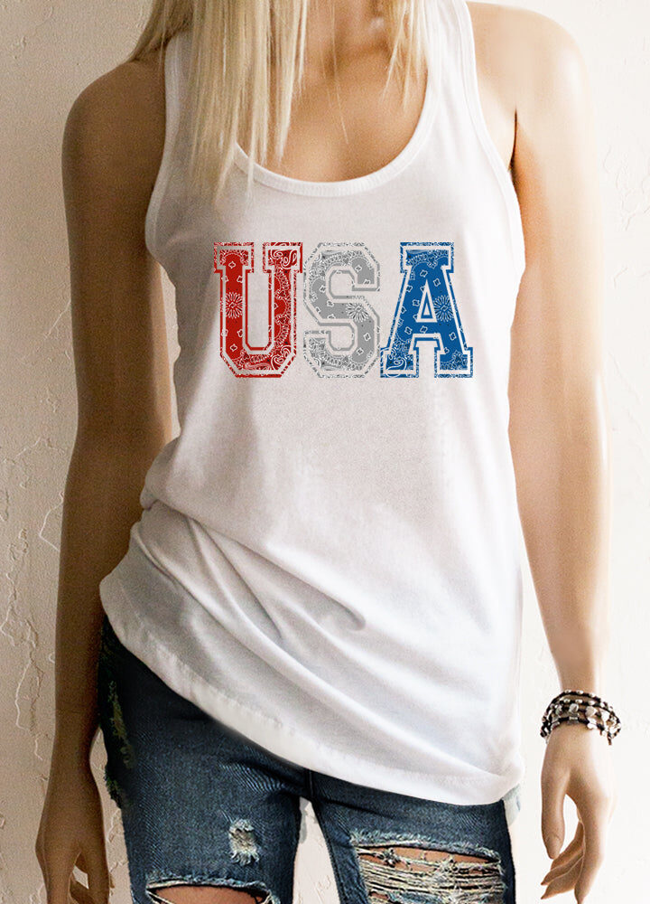 "USA" Bandana White Racerback Tank Top -