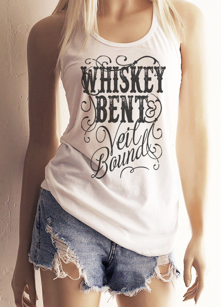 "Whiskey Bent Veil Bound" Bachelorette Party Bride's White Racerback Tank Top