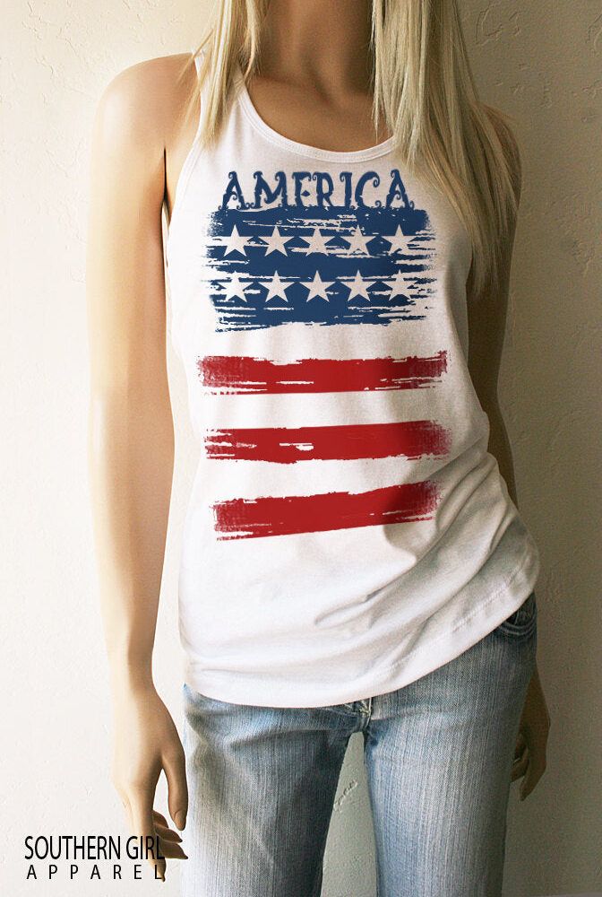America Red White and Blue American Flag Racerback Tank Top