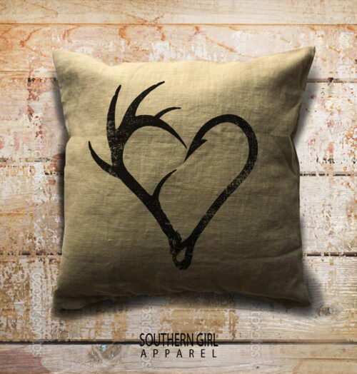 Antler and Fish Hook Heart Pillow Cover. Fishing. Hunting. Throw Pillow Cover.Decorative Pillows. Hunting Gifts. Fishing Gifts. Cabin Decor