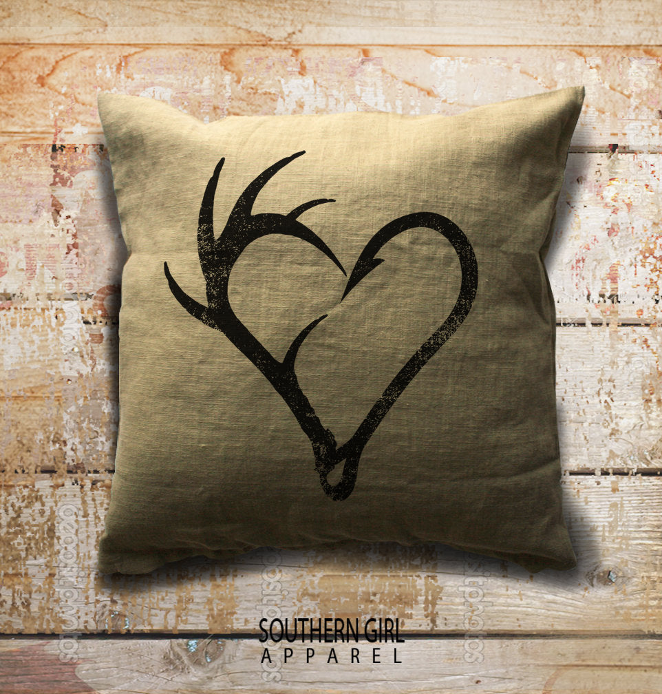 Antler and Fish Hook Heart Pillow Cover. Fishing. Hunting. Throw Pillow Cover.Decorative Pillows. Hunting Gifts. Fishing Gifts. Cabin Decor