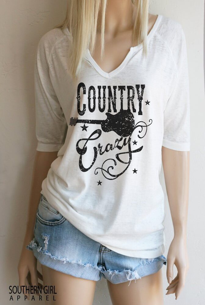 Country Crazy Notched Neck mid length Sleeve Tee. Country Shirts. Country Music T Shirt. Country Girl. Music Festival. Country Music Shirts.